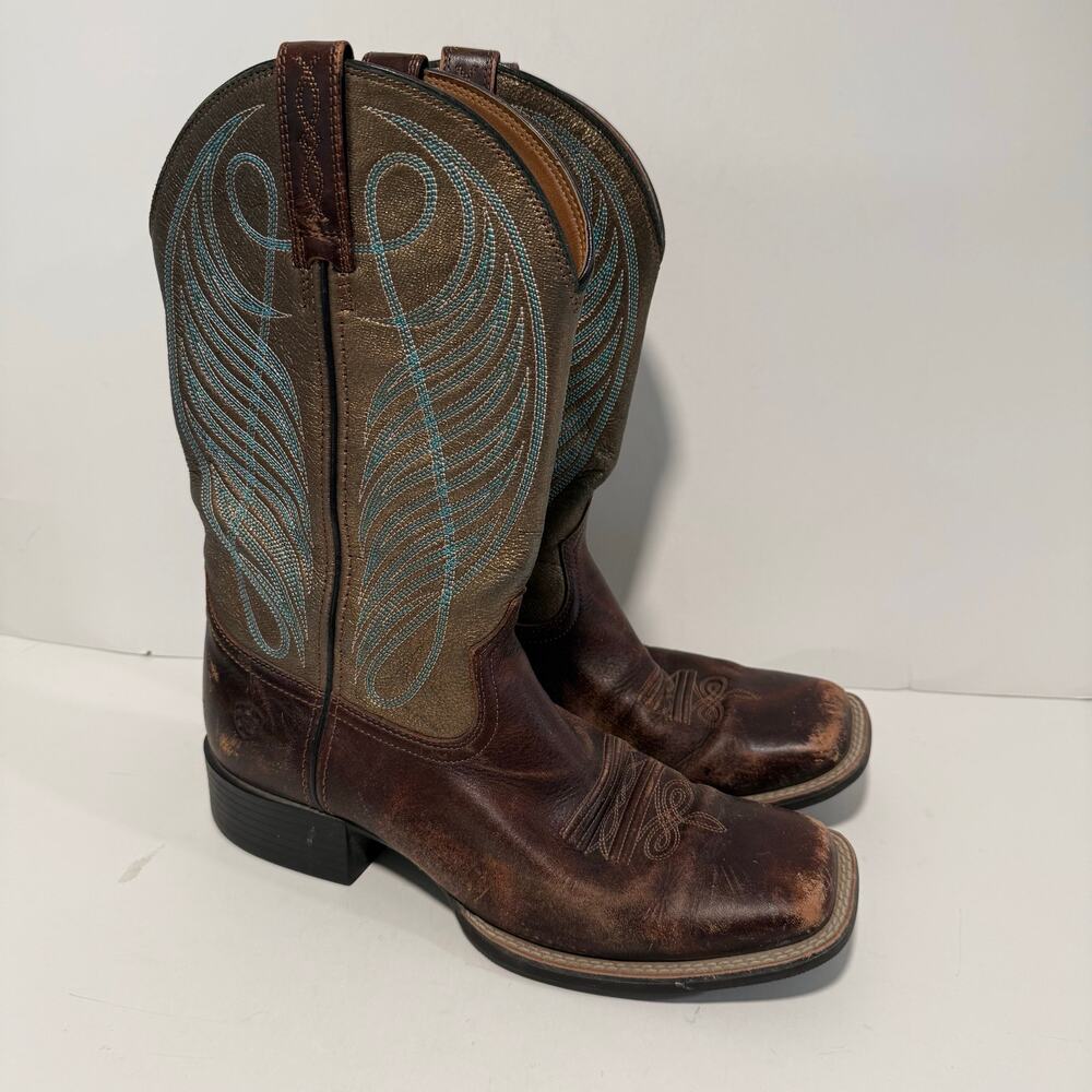 Ariat Women's Round Up Wide Square‎ Toe Western Boot Brown Gold Size 9